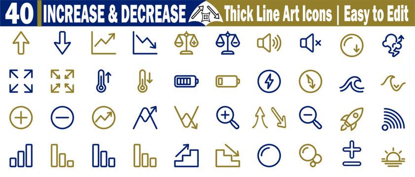 Thick line art icons showing increase and decrease concepts for business growth financial trends and data analysis with up and down arrows and graphs vector illustration.