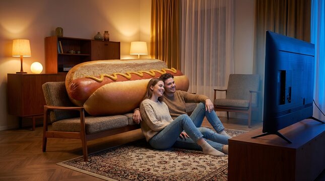 Surreal scene of a couple relaxing on a couch with a giant inflatable hot dog while watching television