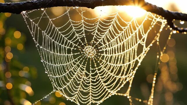 Dewy spider web at sunrise, glistening cobweb with water droplets in golden light, morning nature scene in the wild