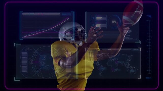 Football player tracking pass, catching ball while HUD overlaying line graph, radar for sports
