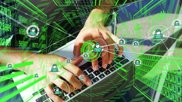Green HUD circle pulsing while hands typing on laptop keyboard, spawning nodes and mapping links