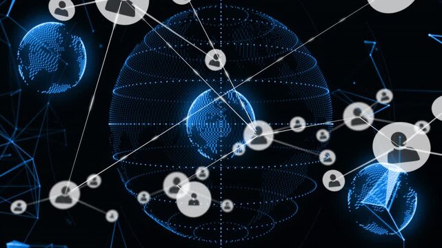 White marker appearing near central globe, nodes linking and expanding, showing distributed peers