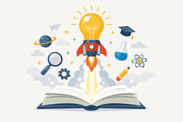 Creative Education and Learning Concept with Open Book and Rocket Lightbulb Launching, Featuring Science Icons like Graduation Cap, Beaker, Atom, and Pencil for Knowledge, Innovation, and Growth.
