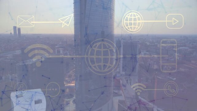 Sunlight shifting, overlay brightening while central tower merging with globe, visualizing network