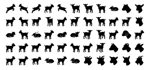 Obraz premium Huge bundle of baby goat silhouette vector graphics including full body poses, jumping kids, grazing livestock, and horned goat head portraits for farm animal logo templates.