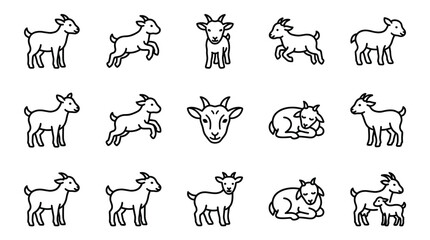 Obraz premium Cute baby goat line art vector illustration set featuring adorable little kid goats jumping, standing, resting, and smiling. Farm animal outline designs for kids coloring book.