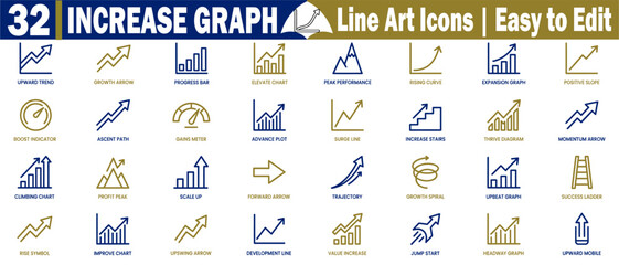 Increase and growth graphs icons set. Collection of business finance performance and data analysis with bar charts and upward trending elements vector illustration. © Logo Solution
