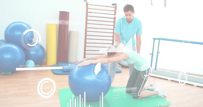 Trainer cueing client kneeling on mat, pushing blue ball while HUD overlays tracking therapy gains