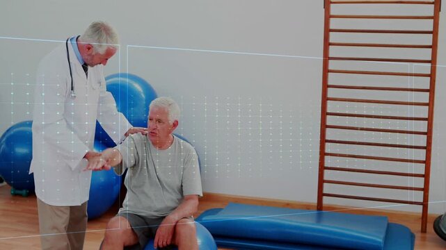 Clinician grasping patient wrist, guiding arm raises for rehab, holographic ECG shifting