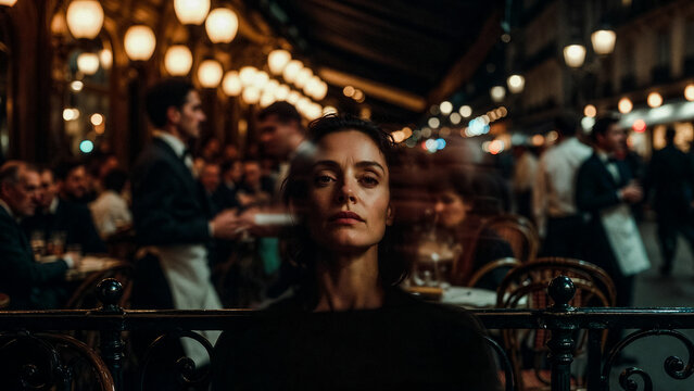 A woman sits alone, gazing intently amidst a bustling Parisian cafe. Soft light illuminates the scene.