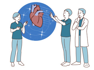 Three doctors are discussing medical care. Copy space available