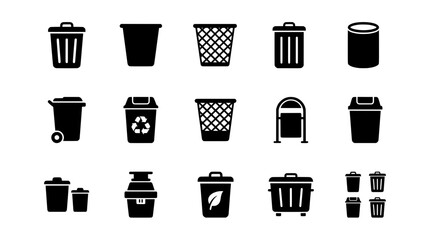 Diverse Waste Bin and Trash Can Icons Set