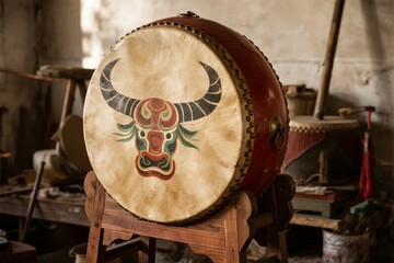 Naklejka premium Traditional drum with bull face design displayed on wooden stand in workshop setting