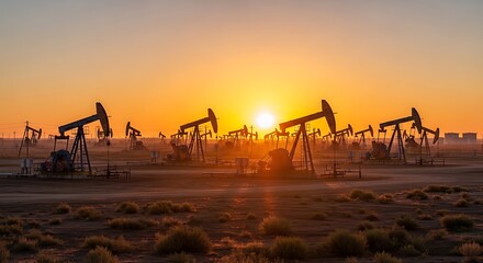Oil Pumps Operating in Desert Landscape at Sunset