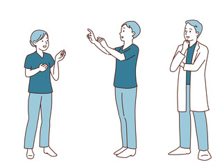 Three doctors are discussing medical care. Copy space available.