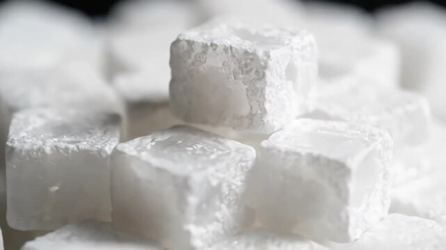 Closeup of sweet Turkish Delight cubes dusted with powdered sugar a traditional confectionary treat presented in a delightful stack for a tempting dessert.