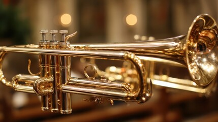 Gleaming polished brass trumpet instrument in a musical setting with soft bokeh background