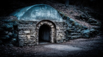 Fototapeta premium An ancient stone burrow entrance shrouded in deep shadows with a barred gate leading into darkness