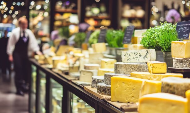 Market hustle capturing a bustling market with cheese display