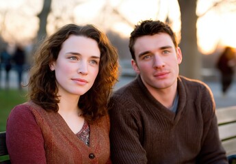 Obraz premium Couple sitting side by side on park bench at dusk not touching