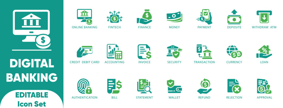 Digital banking icon set. fintech, security, app UI, loan, balance, and editable icons.