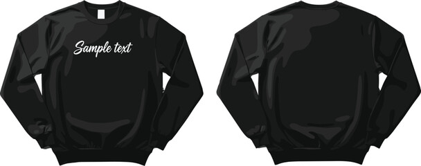 Black sweatshirt mockup vector illustration front and back view of long sleeve crewneck fleece shirt apparel template with copy space for custom design. © Mukta