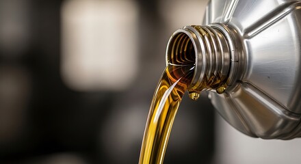 Golden motor oil pouring from silver metallic oil can in close-up, realistic photography style, industrial context, automotive maintenance and lubrication concept.