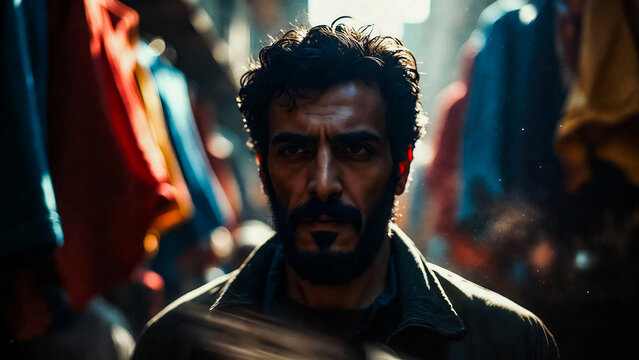 A man with a dark beard stares intensely into the camera amidst colorful textiles. He appears weathered and serious.