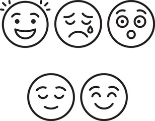Minimalist emoji line icon set diverse human emotions happy, sad, surprised and calm.
