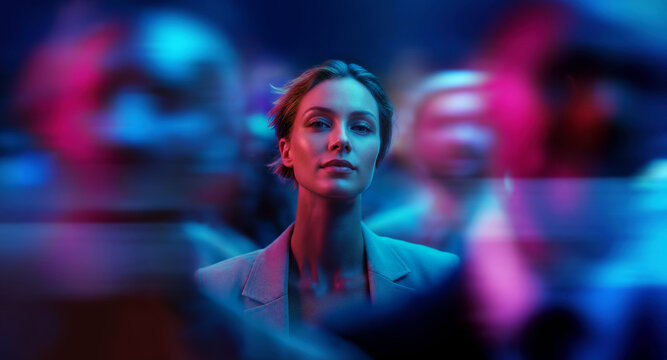 Stylish female leader gazes ahead as colleagues move past in blue and pink motion blur