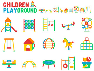 Fototapeta premium A collection of flat design icons featuring various playground equipment like slides, swings, ferris wheels, trampolines, seesaws, and sand buckets. Perfect for park and education themes.