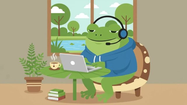 Cartoon frog character working from home on a laptop