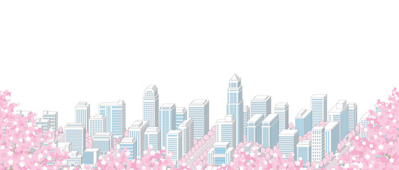 桜が咲く春の街並みのイラスト.