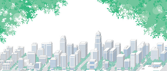 緑豊かな爽やかな街並みのイラスト.