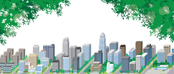 緑豊かな爽やかな街並みのイラスト.