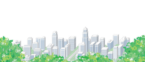 緑豊かな爽やかな街並みのイラスト.
