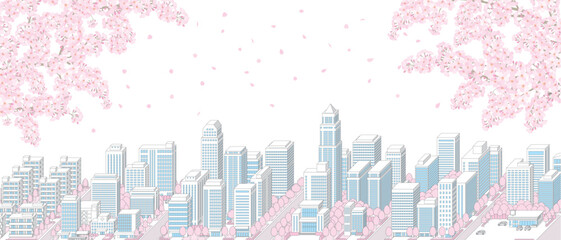桜が咲く春の街並みのイラスト.
