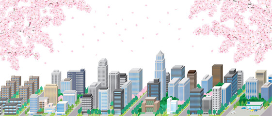 桜が咲く春の街並みのイラスト.