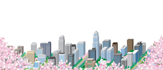 桜が咲く春の街並みのイラスト.