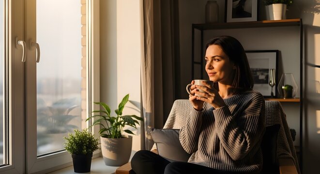 young woman drinking coffee in the kitchen
