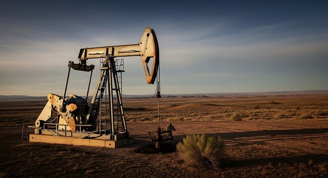Oil pumpjack operating in vast arid desert landscape under a serene blue sky with wispy clouds, capturing the industrial extraction of fossil fuels in a naturalistic and realistic style duri
