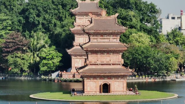 A scenic view of the stunning pagoda  towers at Hoa Lu Old town, Ninh Binh, Vietnam, a popular destination for tourists and locals alike.