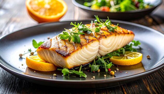 Grilled cod fillet with lemon slices and fresh herbs
