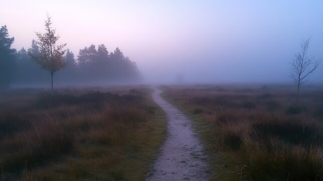 Foggy sunrise over a winding footpath in fischbeker heide nature reserve, germany