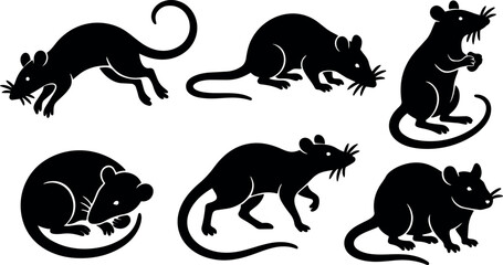 Obraz premium Silhouette rodent icon set six black rat poses in flat vector style for pest control and wildlife design branding