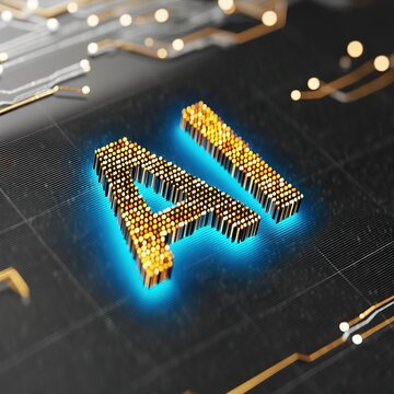 Glowing AI logo formed by binary code, background filled with numbers and data charts