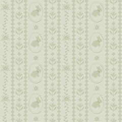 Vintage floral pattern with cute bunnies, vector seamless pattern.