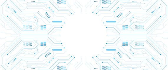 Obraz premium AI circuit board with electronic elements on blue backdrop. UI and GUI design. Futuristic hi-tech panel of connected lines. FinTech background. Vector illustration.