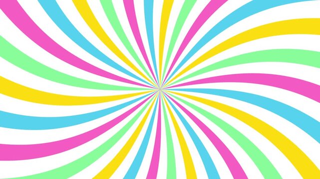Colorful  spiral sunburst candy pop burst background with bright radial rays. Seamless loop animation perfect for fun, playful, and energetic visuals.