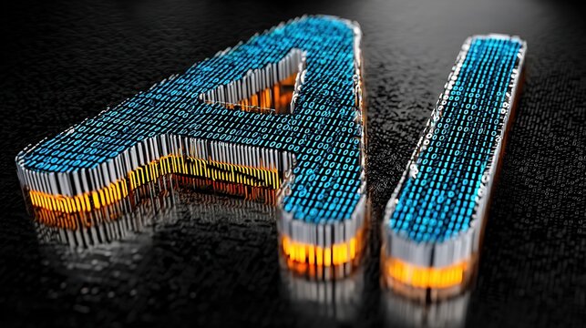 3D rendered AI of glowing blue binary code with orange accents, surrounded by digital data stream